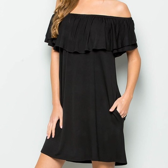 Ruffle Off Shoulder w/pockets Swing LBD Dress - Picture 3 of 5
